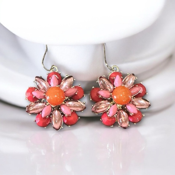 Floral Statement Drop Earrings – Pink, Red & Gold Tone – 1.5” - Picture 1 of 4